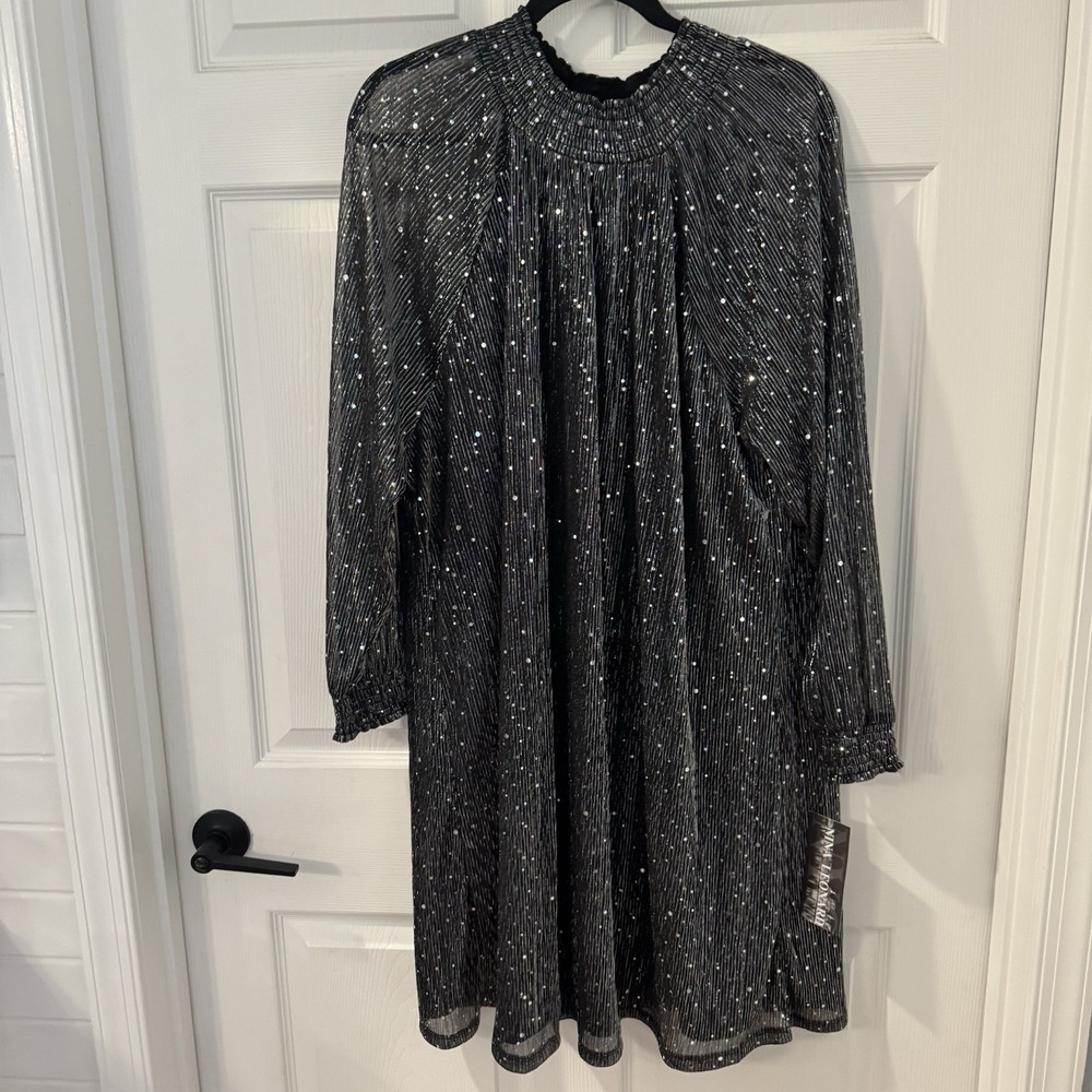 NEW‎ Nina Leonard Women's Sz 3X Smock Neck Sequin Dress Black Silver Sparkling